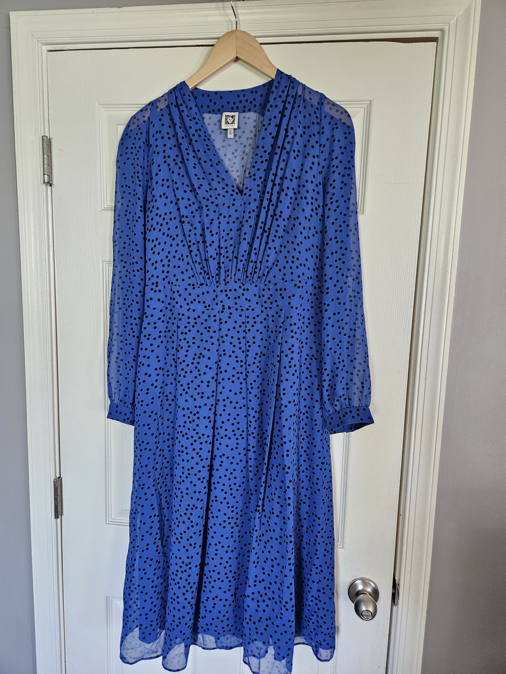 Anne Klein Blue Polka Dot V-Neck Long Sleeve Midi Dress